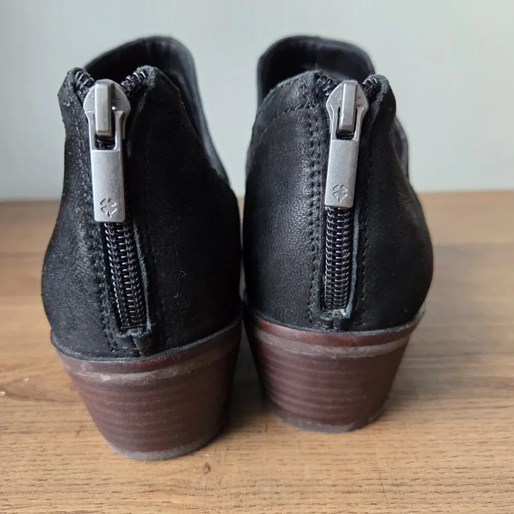 LIKE NEW LUCKY BRAND FITINA BLACK LEATHER ALMOND TOE ANKLE BOOTIES SIZE 9.5 WMNS